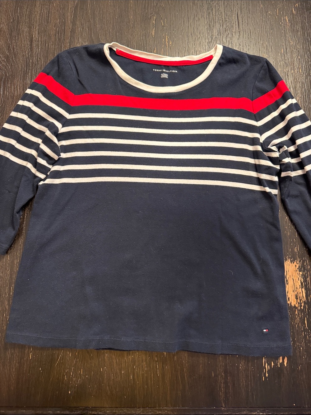 Tommy Hilfiger Navy, White & Red Striped Long-Sleeve Tee Top 100% Cotton